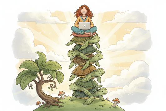 turtles stacked on each other with a happy woman with a laptop on the top of it