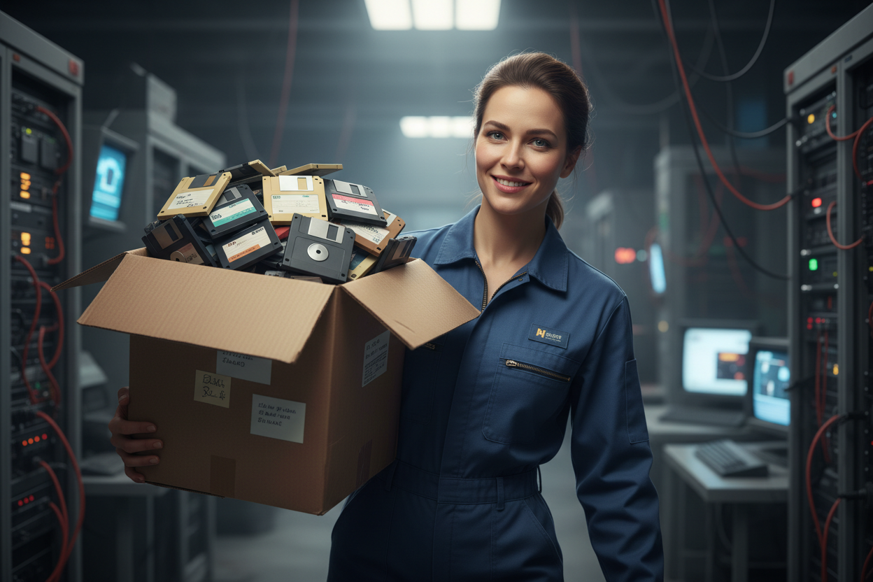 woman carrying a box of floppy disks on her shoulder