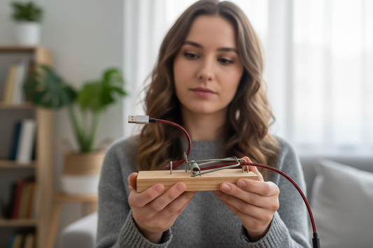 Woman Holding a moustrap with a USB cable hanging from it