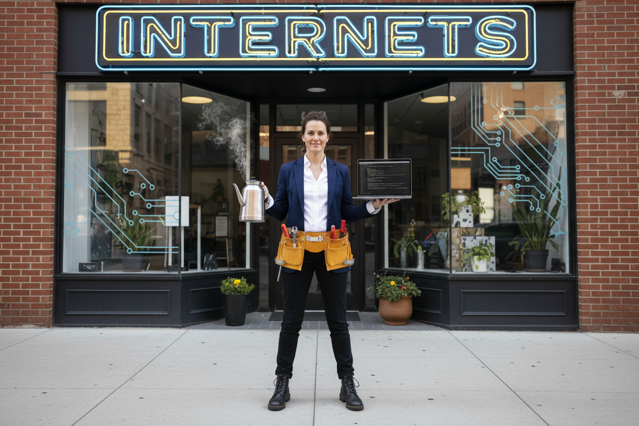 woman wearing a toolbelt and holding a pot of coffee in one hand and a laptop in the other in front of a store with a sign that says internets