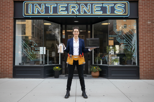 woman wearing a toolbelt and holding a pot of coffee in one hand and a laptop in the other in front of a store with a sign that says internets